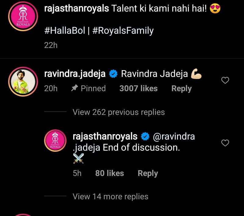 Ravindra Jadeja's comment on Rajasthan Royals' post